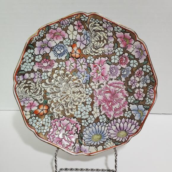 Andrea by Sadek Plate Painted Enamel Textured Mums Floral Decor Asian Inspired - Picture 1 of 9